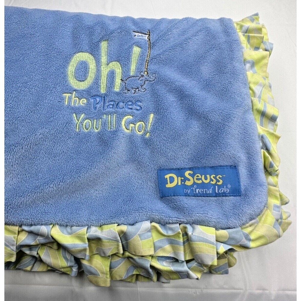 Dr. Seuss Baby Blanket Oh! The Places You'll Go Blue Yellow Ruffle 28x38